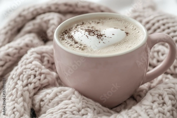 Fototapeta Cozy cappuccino with heart-shaped foam on knitted blanket
