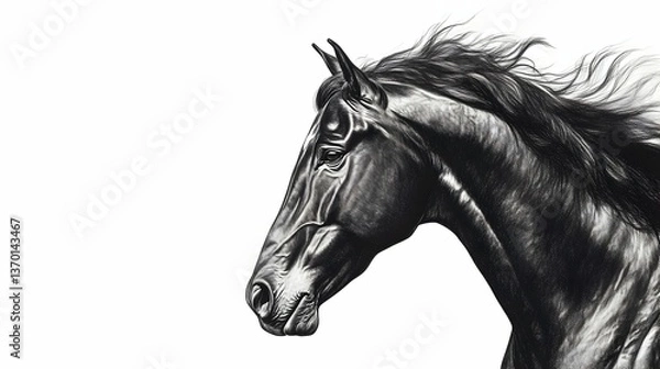 Fototapeta Elegant Black Horse Head Sketch on White Background - Strong Animal Portrait