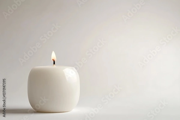 Fototapeta White candle burning with a soft light in a minimalist style for relaxation and meditation