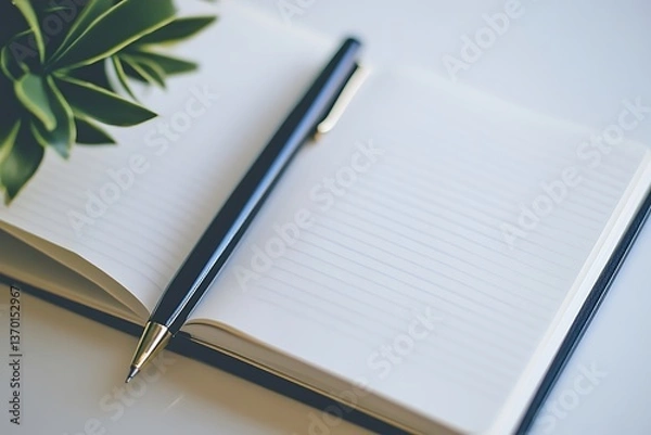 Fototapeta Open notebook with pen and plant for writing thoughts, journaling, or planning ideas