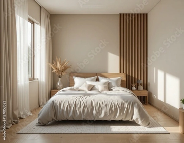 Fototapeta bedroom interior in trend mocha and beige colours with bed and pillows