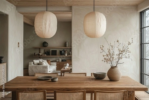 Fototapeta japandi Interior Dining Room, interior design of a modern residential dining room with wooden dining tables and chairs in view. Generative AI
