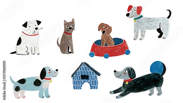 Fototapeta A cheerful collection of playful pups and a curious cat enjoying their day, with simple, hand-painted illustrations in bold colors.