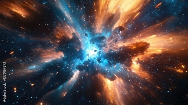 Obraz Vibrant Cosmic Explosion with Fiery and Blue Energy Jets Emanating from a Central Point in a Vast Nebula of Stars and Cosmic Dust in a Stunning Display of Space Art