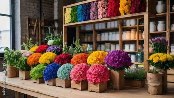 Fototapeta Many different colors on the stand or wooden table in the flower shop.