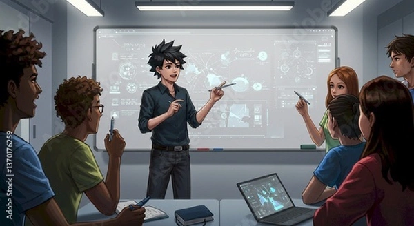 Fototapeta Young Team Brainstorming Global Strategy on Interactive Whiteboard