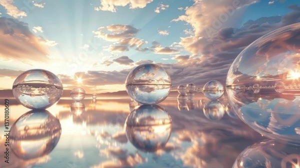 Fototapeta Floating Glass Orbs Reflecting an Infinity Landscape with Sunset and Clouds