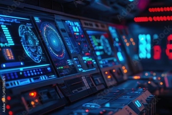 Obraz Futuristic spaceship control panel with illuminated digital displays and controls