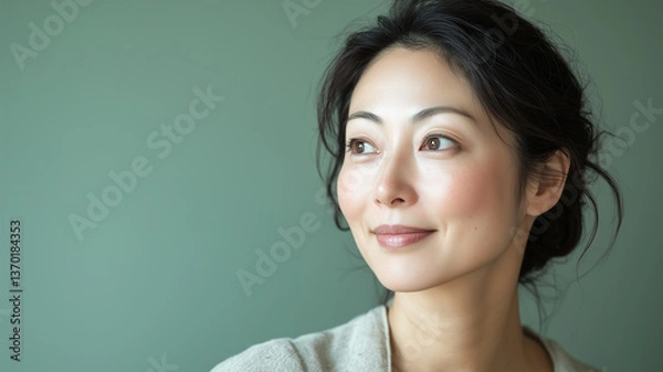 Fototapeta グリーン背景で笑顔を見せるうつむき加減の日本人女性