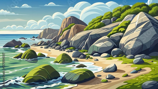 Fototapeta Massive Coastal boulders with calm ocean waves nearby, Highly detailed vector illustration