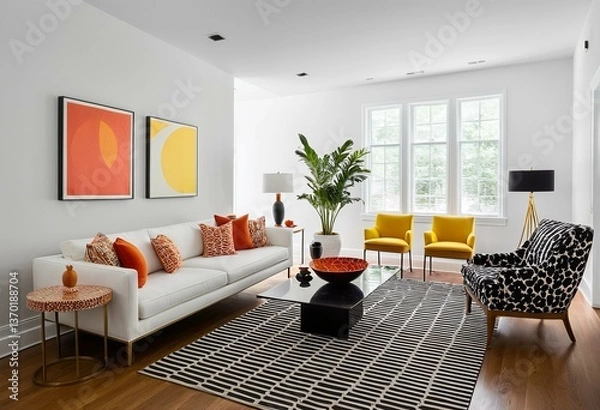 Obraz A living room filled with furniture and a large window.