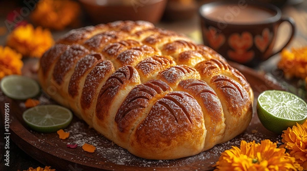 Fototapeta Freshly baked bread with flowers and beverage on a rustic table setting