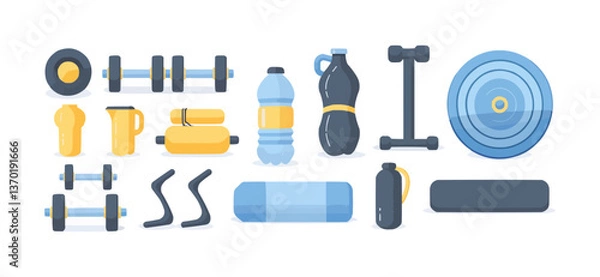 Fototapeta Fitness equipment and accessories icons set in flat style – vector.