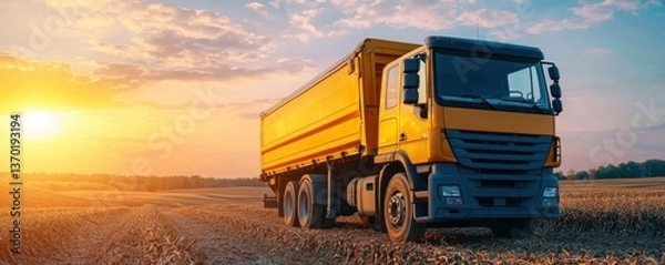 Fototapeta A vibrant yellow truck parked in a field during sunset, emphasizing transportation and landscape in a serene rural setting.