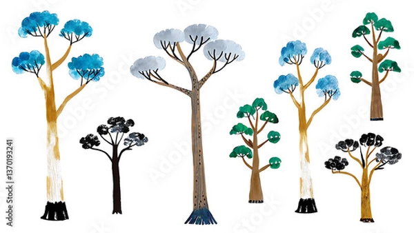 Fototapeta A whimsical collection of stylized trees in a vibrant watercolor palette showcasing diverse heights, colors, and shapes against a clean white background.