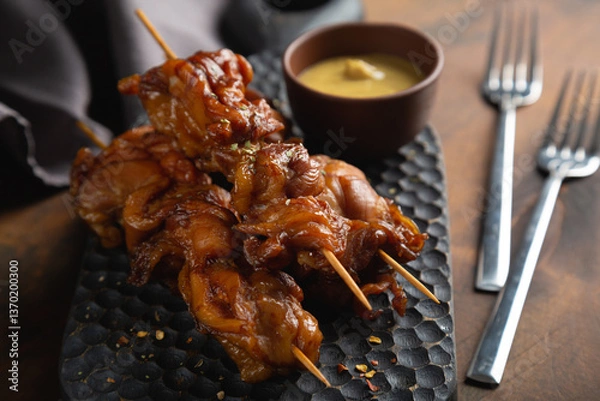 Obraz Smoked chicken pieces on a skewer