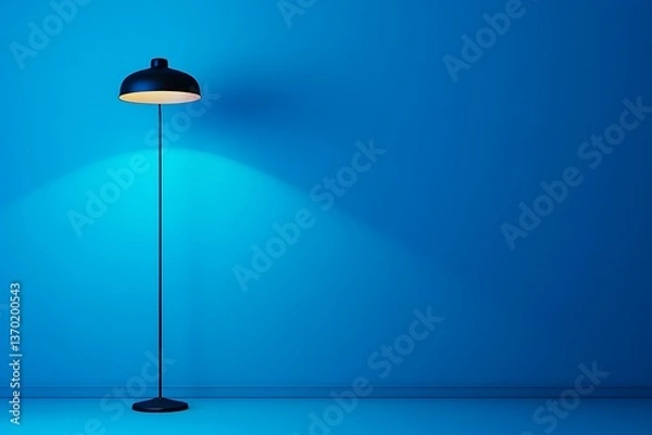 Obraz Minimalist floor lamp illuminates a blue wall, creating a cozy atmosphere in a modern interior space