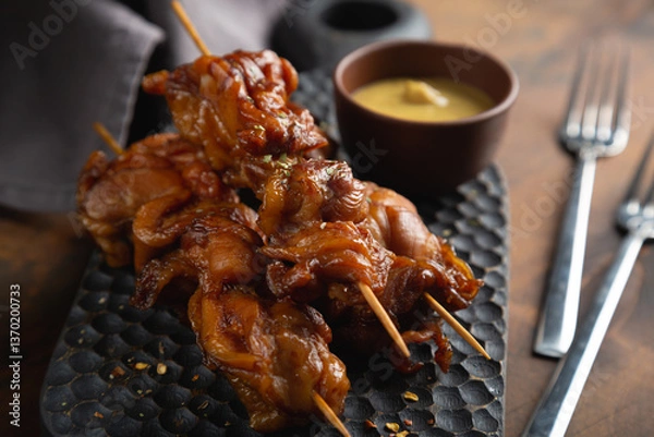 Obraz Smoked chicken pieces on a skewer