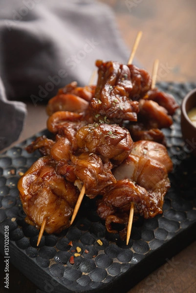 Obraz Smoked chicken pieces on a skewer