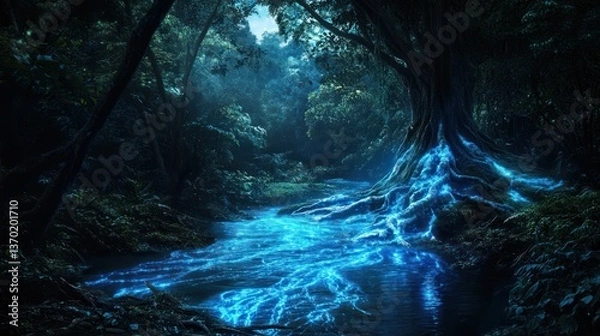 Fototapeta Mystical forest stream glows with bioluminescent roots. Lush, dark trees line a tranquil waterway