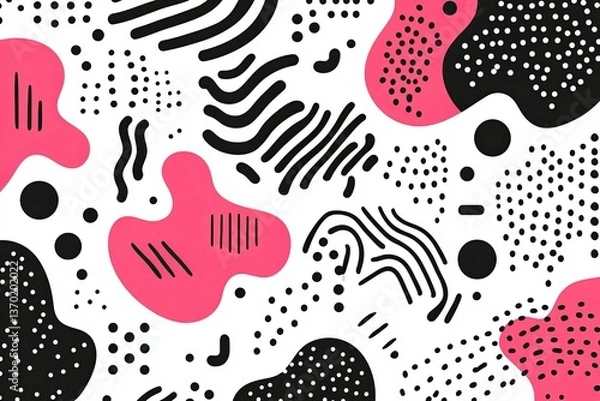 Fototapeta An abstract graphic illustration with various black shapes and pink blobs