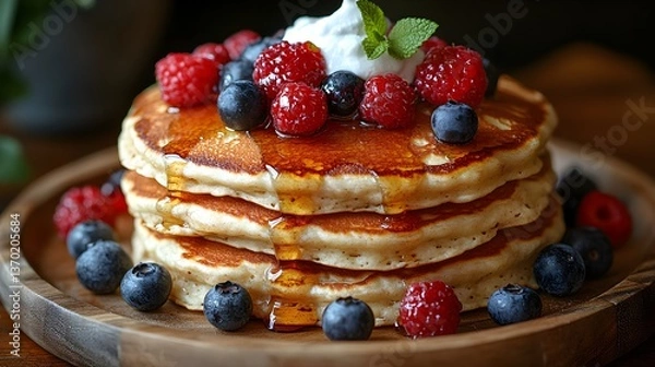 Fototapeta Fluffy pancake stack with syrup, berries, and whipped cream on a rustic plate, creating a cozy breakfast setting