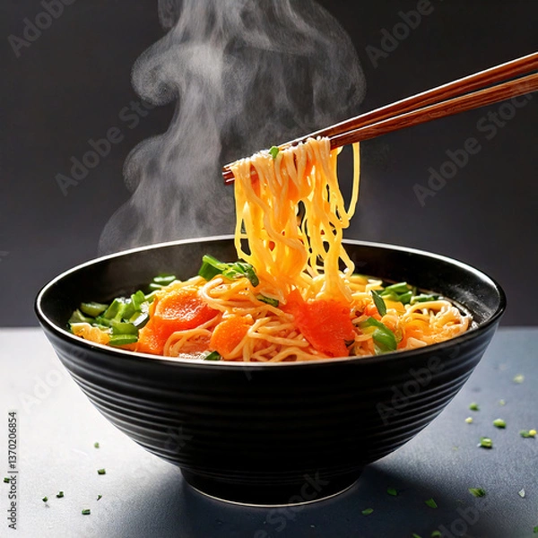Obraz Bowl of rice with chopsticks and fresh vegetables including carrots and pumpkin on a plate for a healthy vegetarian meal