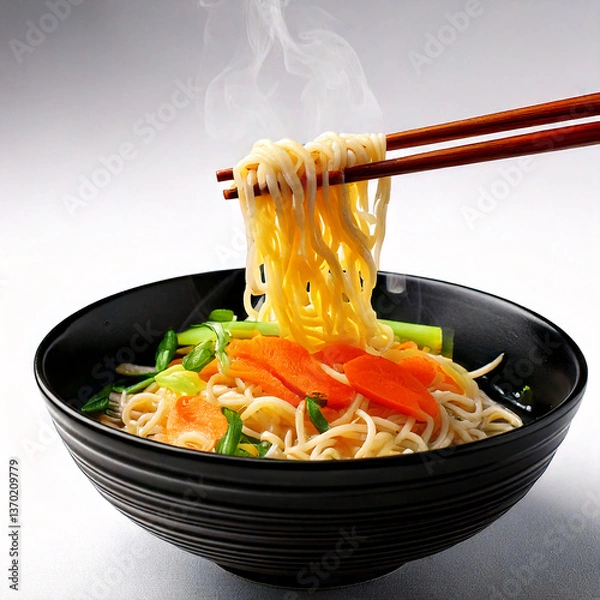 Obraz Delicious seafood spaghetti with shrimp, noodles with vegetables, and a variety of fresh ingredients cooked in a wok