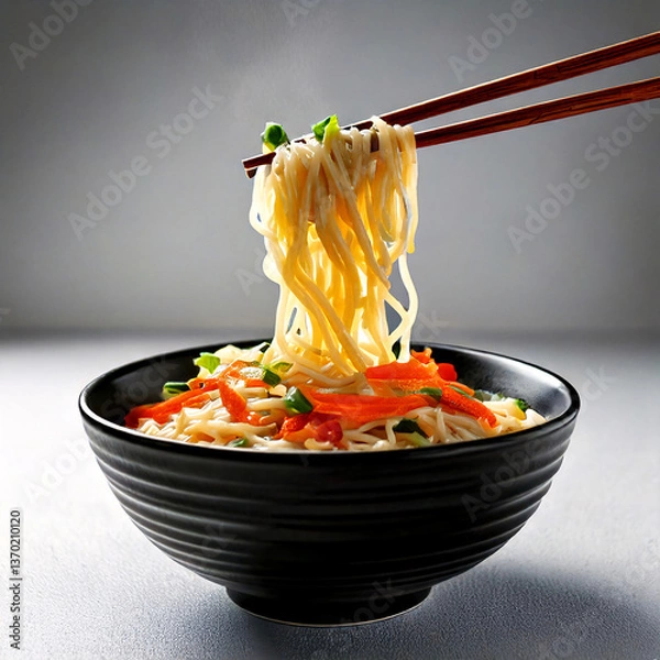 Obraz A fresh plate of pasta with vegetables and red tomato sauce, a healthy vegetarian meal