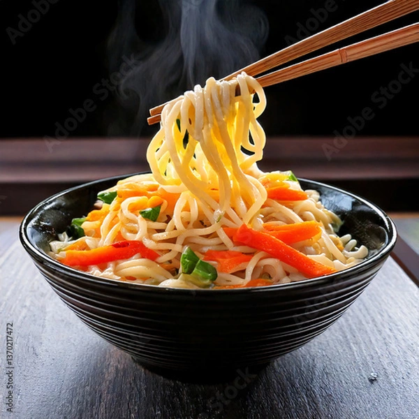 Obraz A delicious plate of shrimp pasta or noodles, a seafood gourmet meal