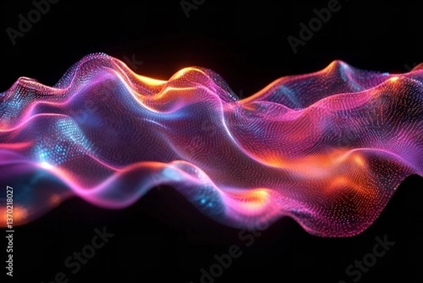 Fototapeta Abstract 3D Fluid Wave iridescent Holographic Neon Motion on Black Background