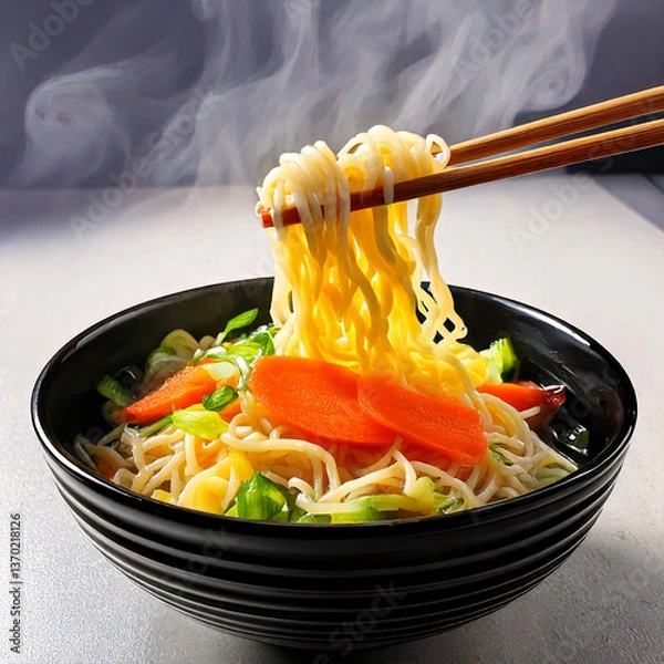 Obraz Healthy noodles with vegetables and shrimp on a plate with fresh ingredients like carrots, tomatoes, and greens