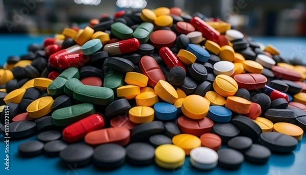 Fototapeta Colorful Pills Heap with Medical Background.