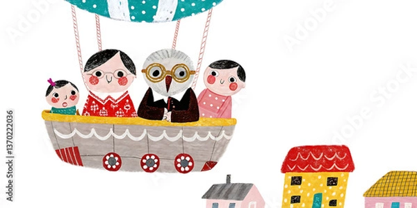 Fototapeta A whimsical family—grandparents, parents, and a baby—soaring in a charming hot air balloon above a quaint village, painted in a playful, textured style with soft pastel colors.