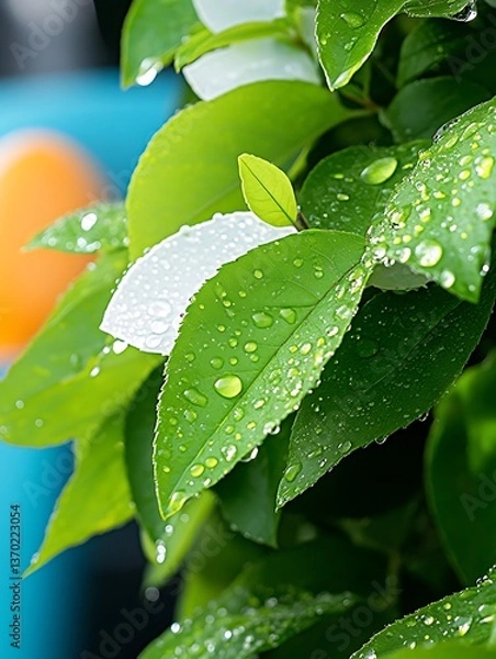 Fototapeta Dewy Leaves in Garden