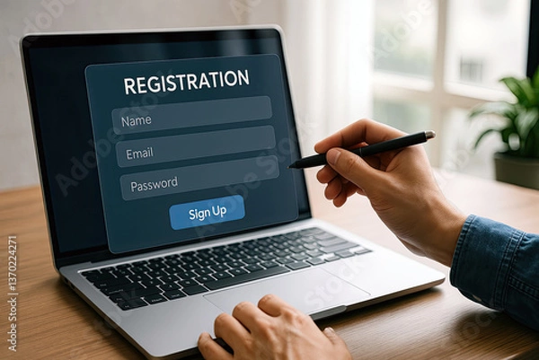 Fototapeta Person using laptop to fill out online registration form with pen.