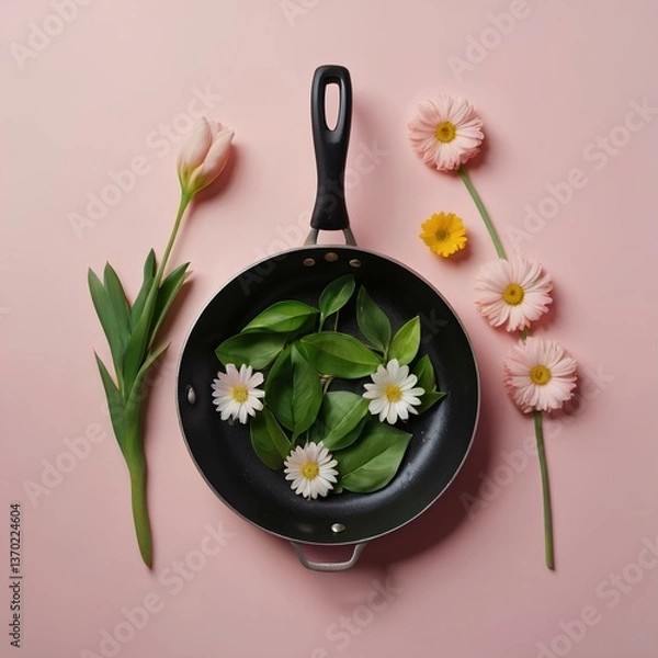 Fototapeta Creative concept with spring flowers and green leaves in frying pan on pastel pink background.