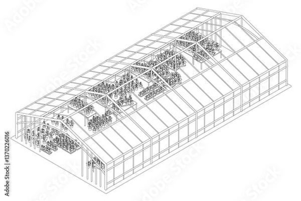 Obraz A greenhouse is shown in a drawing with many plants inside. The greenhouse is long and narrow, with a lot of space for the plants to grow. The plants are arranged in rows. Isometric view