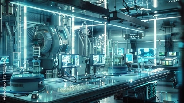Obraz Futuristic high-tech research laboratory interior featuring glowing test tubes, advanced computer displays, and sophisticated scie