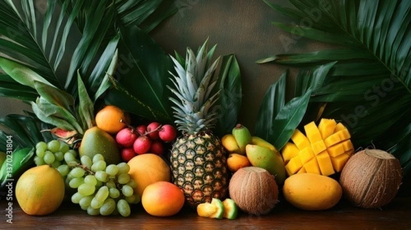 Fototapeta tropical fruits like pineapples, mangoes, and coconuts on a wooden table, ready to be enjoyed