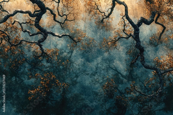 Obraz Enigmatic forest scene with gnarled trees, autumn leaves, and misty atmosphere.