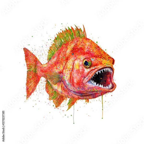 Obraz Vibrant Watercolor Painting of a Red Fish with Open Mouth