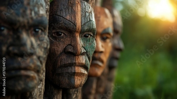 Obraz Beautifully carved wooden masks with intricate patterns, displayed in nature, symbolize cultural heritage and artistry, combining the spirit of craftsmanship and nature's beauty.