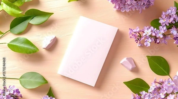 Fototapeta Lilac Spring Mockup Book Flatlay.