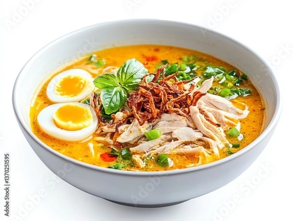 Fototapeta Serving of Chicken Ramen Noodle Soup with Egg and Basil Topping