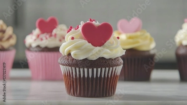Obraz Cute Heart Topped Cupcake with White Frosting and Sprinkles