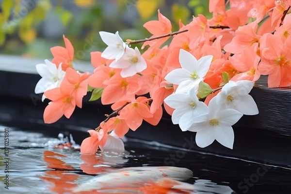 Fototapeta Koi pond with orange flowers, and zen garden.