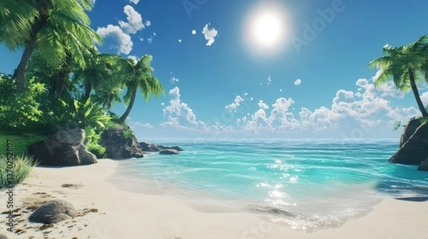 Fototapeta A crystal-clear sky over a tropical beach, where the sun meets the turquoise ocean