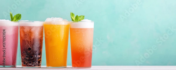 Fototapeta Refreshing drinks with vibrant colors showcase excess of sugar and glucose delightful flavors
