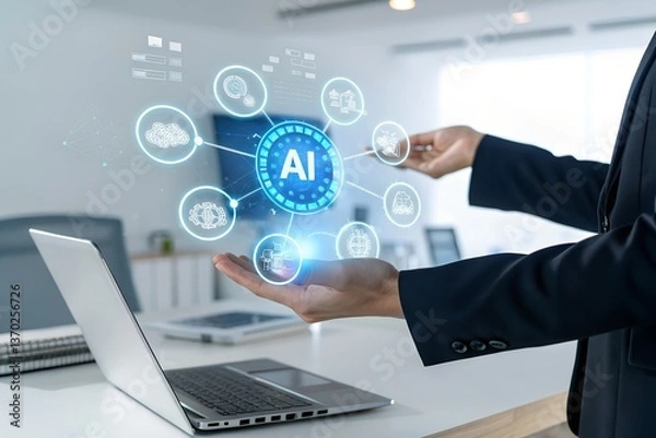 Fototapeta Human and technology AI, Artificial Intelligence Learning and exchange between people, Woman holding light bulb with the brain of AI, Business Development, Transfer data, Target success, communication